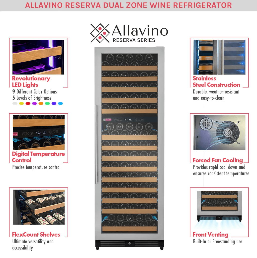 Allavino Reserva Series 172 Bottle Dual Zone Built-in Wine Refrigerator with Stainless Steel Door product description sheet