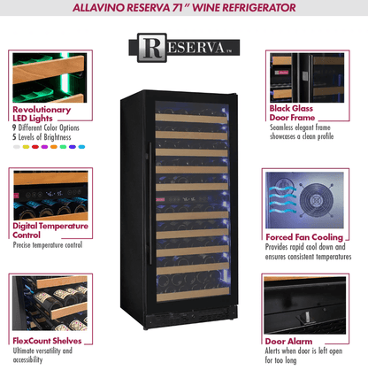 Allavino Reserva Series 119 Bottle 55" Tall Dual Zone Black Glass Wine Refrigerator VSW11955D-2BG image of product highlights