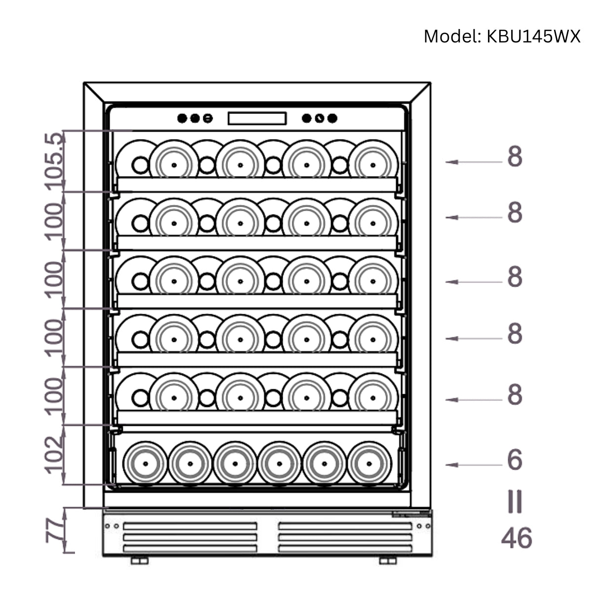 Kings Bottle 24 Inch 46 Bottle Under Counter LOW-E Glass Door Single Zone Wine Cooler KBU145WX-FG