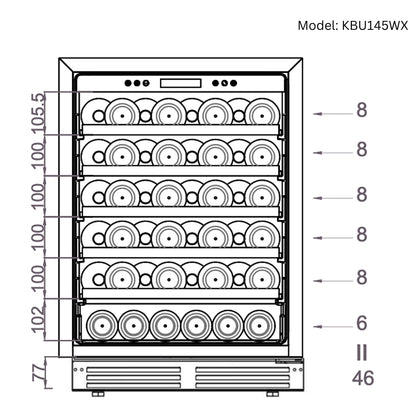 Kings Bottle 24 Inch 46 Bottle Under Counter LOW-E Glass Door Single Zone Wine Cooler KBU145WX-FG