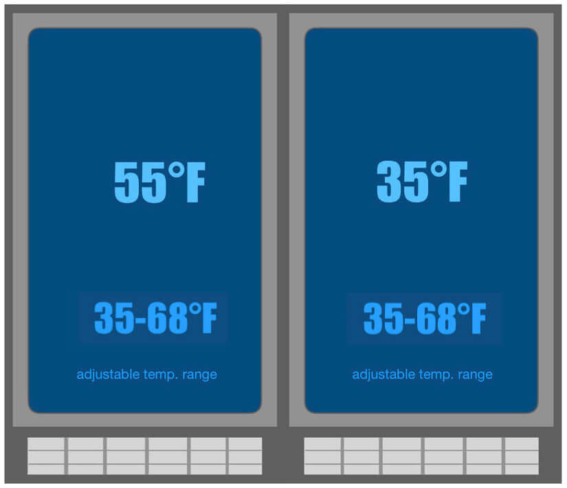 30" Combination Beer and Wine Cooler with Low-E Glass Door KBU165BW-SS with image of temperature settings