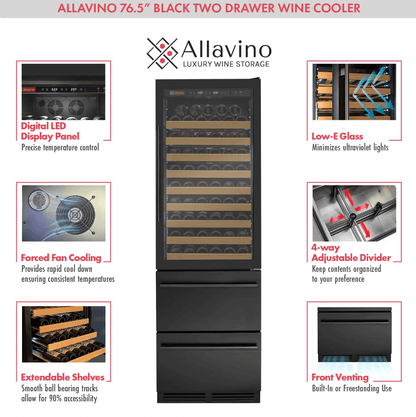 Allavino 108 Bottle Black or Stainless Wine Refrigerator with Two Refrigerated Drawers - Allavino - Buy at Wine Coolers Online