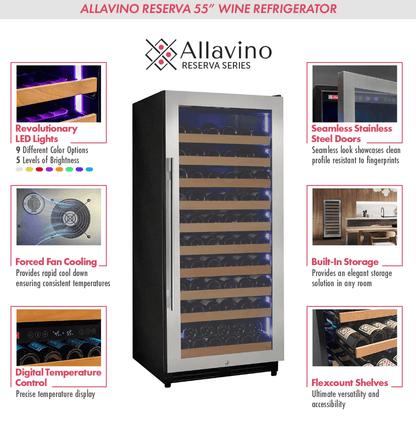 Allavino 119 Bottle 55" Tall Single Zone Stainless Steel Wine Refrigerator VSW11955S - 1SL - Allavino - Buy at Wine Coolers Online