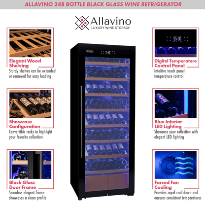 Allavino 248 Bottle Single Zone Freestanding Wine Refrigerator with Display Shelving and Black Glass Door - Allavino - Buy at Wine Coolers Online