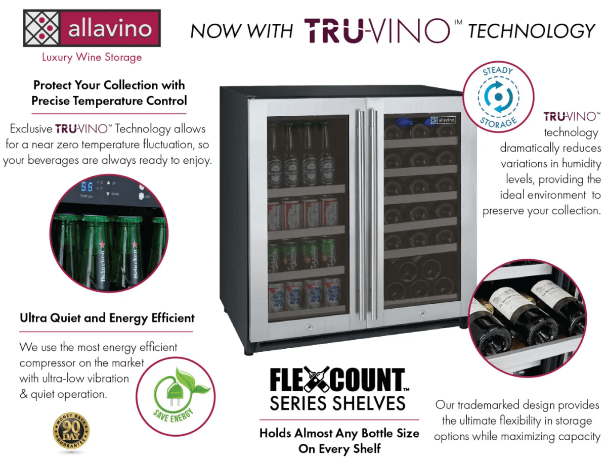 Allavino 30" Wide FlexCount II Tru - Vino 30 Bottle/88 Can Dual Zone Stainless Steel Built - In Wine & Beverage Combo - Allavino - Buy at Wine Coolers Online