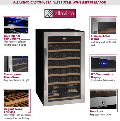 Allavino Cascina Series 33 Bottle Single Zone Freestanding Wine Refrigerator Cooler with Stainless Steel Door - Allavino - Buy at Wine Coolers Online