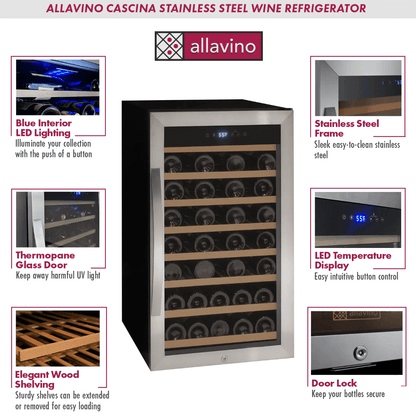 Allavino Cascina Series 50 Bottle Single Zone Freestanding Wine Refrigerator Cooler with Stainless Steel Door - Allavino - Buy at Wine Coolers Online