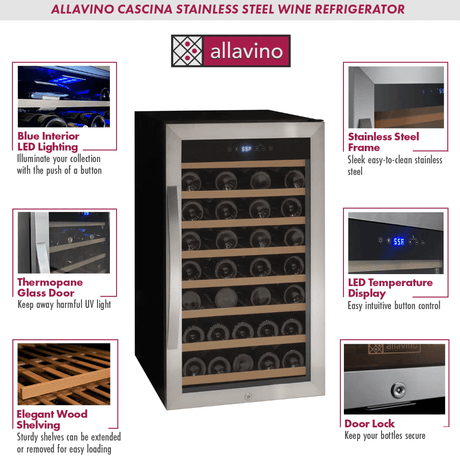 Allavino Cascina Series 50 Bottle Single Zone Freestanding Wine Refrigerator Cooler with Stainless Steel Door - Allavino - Buy at Wine Coolers Online