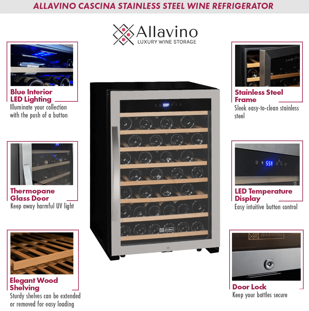 Allavino Cascina Series 55 Bottle Single Zone Freestanding Wine Refrigerator Cooler with Stainless Steel Door - Allavino - Buy at Wine Coolers Online