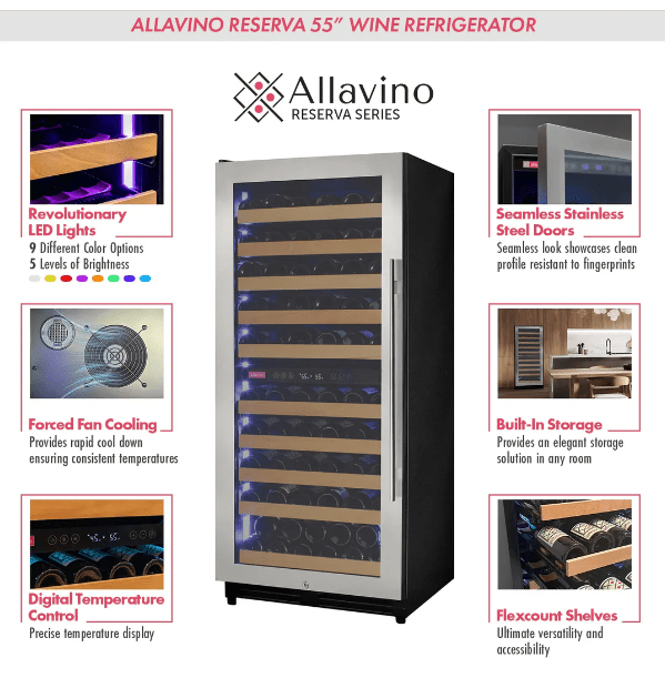 Allavino Reserva Series 119 Bottle 55" Tall Dual Zone Stainless Steel Wine Refrigerator/Cooler VSW11955D - 2SR - Allavino - Buy at Wine Coolers Online