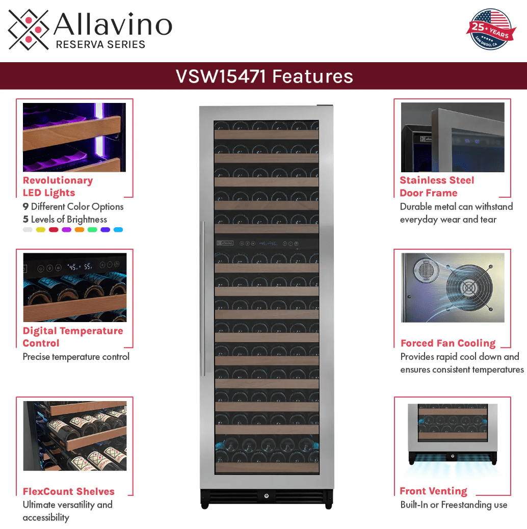 Allavino Reserva Series 154 Bottle Dual Zone Built - in Wine Refrigerator with Stainless Steel Door VSW15471D - 2S - Allavino - Buy at Wine Coolers Online