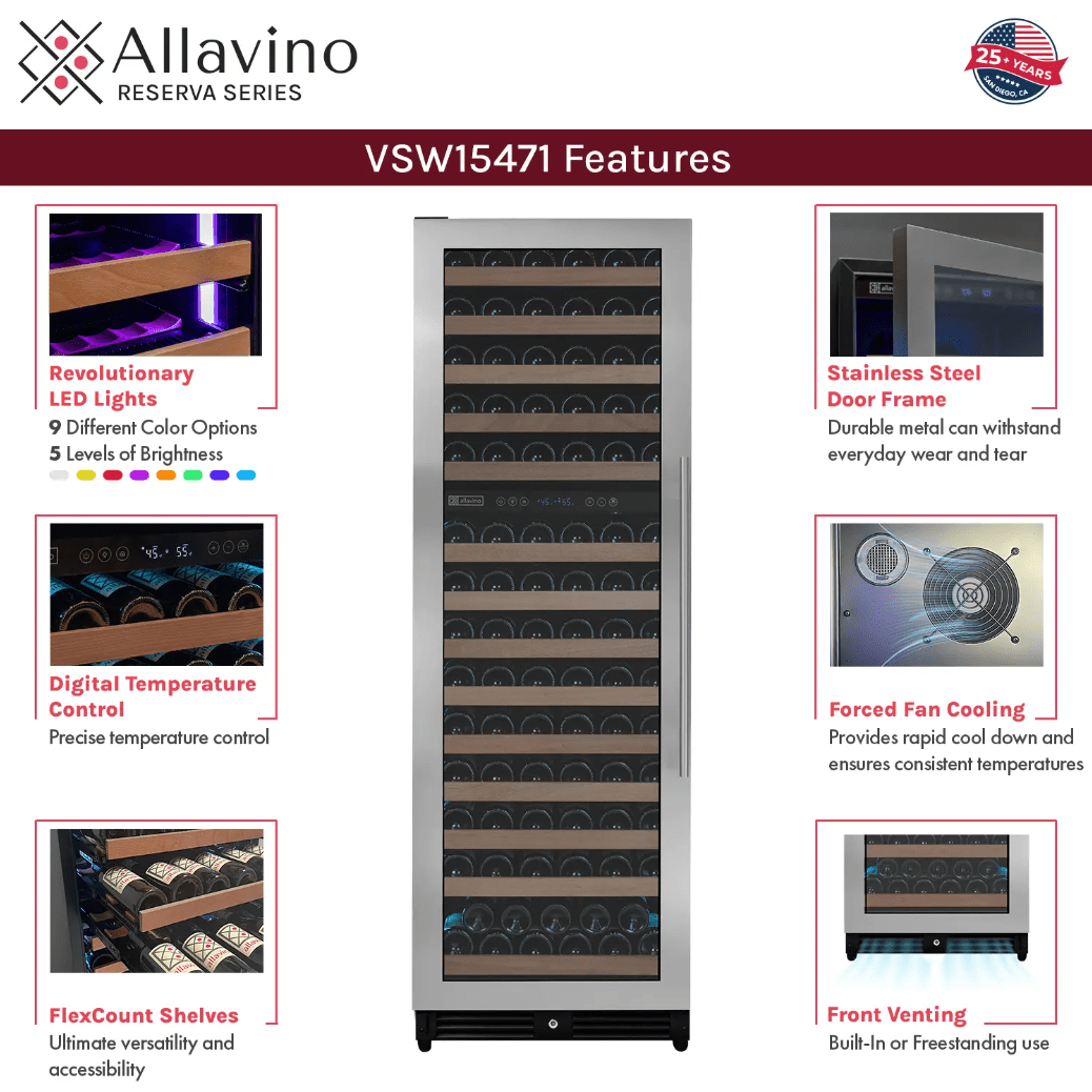 Allavino Reserva Series 154 Bottle Dual Zone Built - in Wine Refrigerator with Stainless Steel Door VSW15471D - 2S - Allavino - Buy at Wine Coolers Online