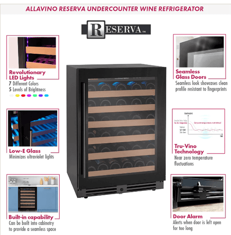 Allavino Reserva Series 50 Bottle Single Zone Built - in Wine Cooler Refrigerator with Black Glass Door - Allavino - Buy at Wine Coolers Online