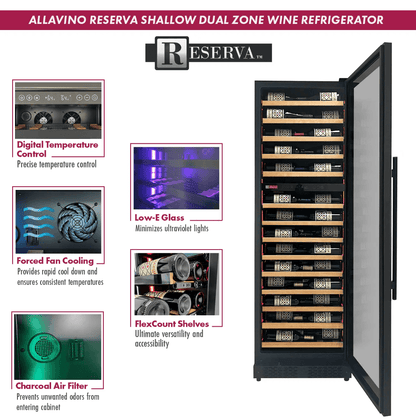 Allavino Reserva Series 67 Bottle 71" Tall Dual Zone Black Shallow Wine Refrigerator with Wood Front Shelves - Allavino - Buy at Wine Coolers Online