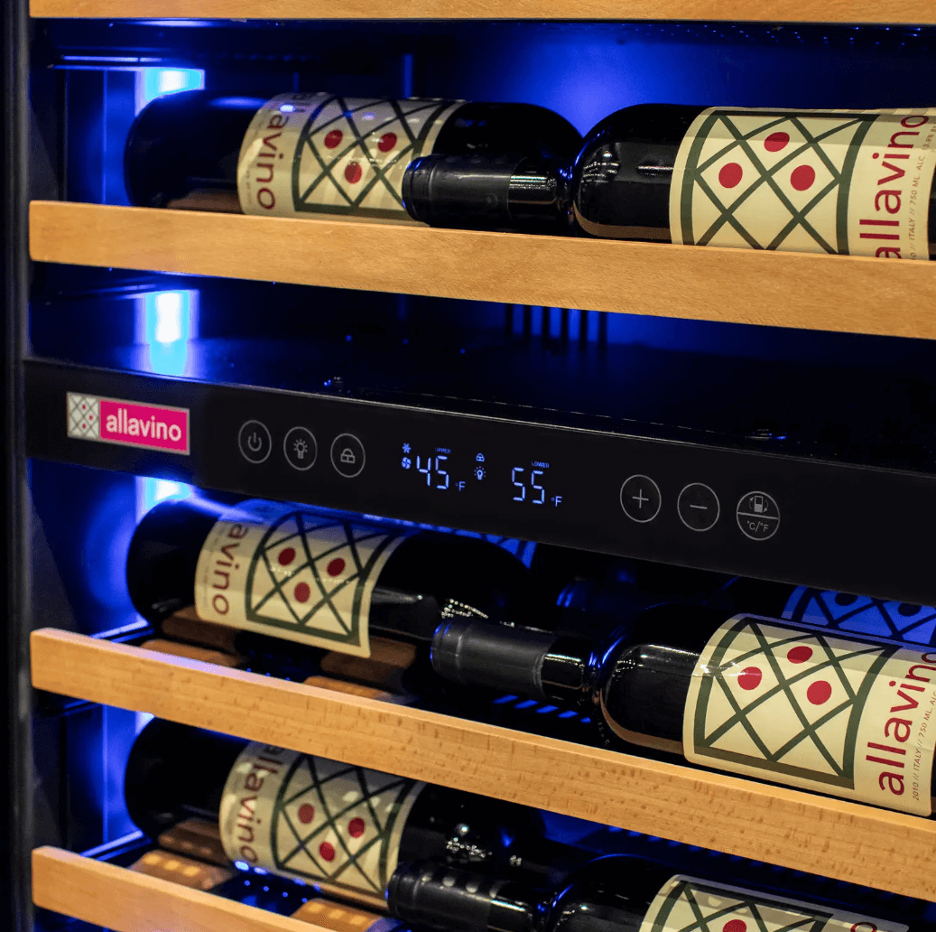 Allavino Reserva Series 67 Bottle 71" Tall Dual Zone Black Shallow Wine Refrigerator with Wood Front Shelves - Allavino - Buy at Wine Coolers Online