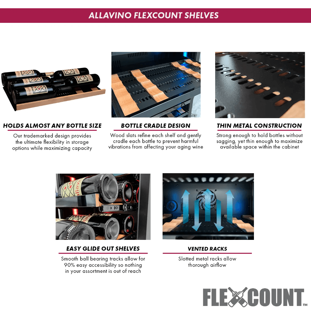 Allavino Reserva Series 67 Bottle 71" Tall Dual Zone Black Shallow Wine Refrigerator with Wood Front Shelves - Allavino - Buy at Wine Coolers Online