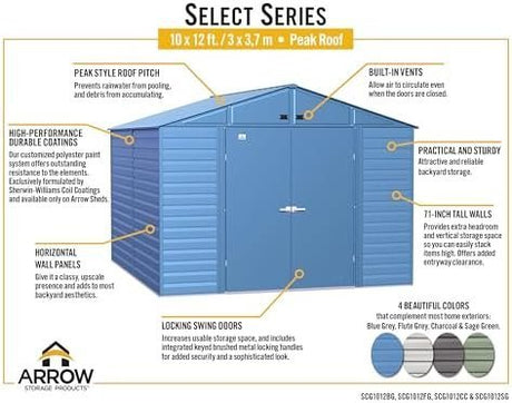 Arrow Select 10′ x 12′ Outdoor Lockable Steel Storage Shed Building, Charcoal - Ezonesglobal - Buy at Wine Coolers Online