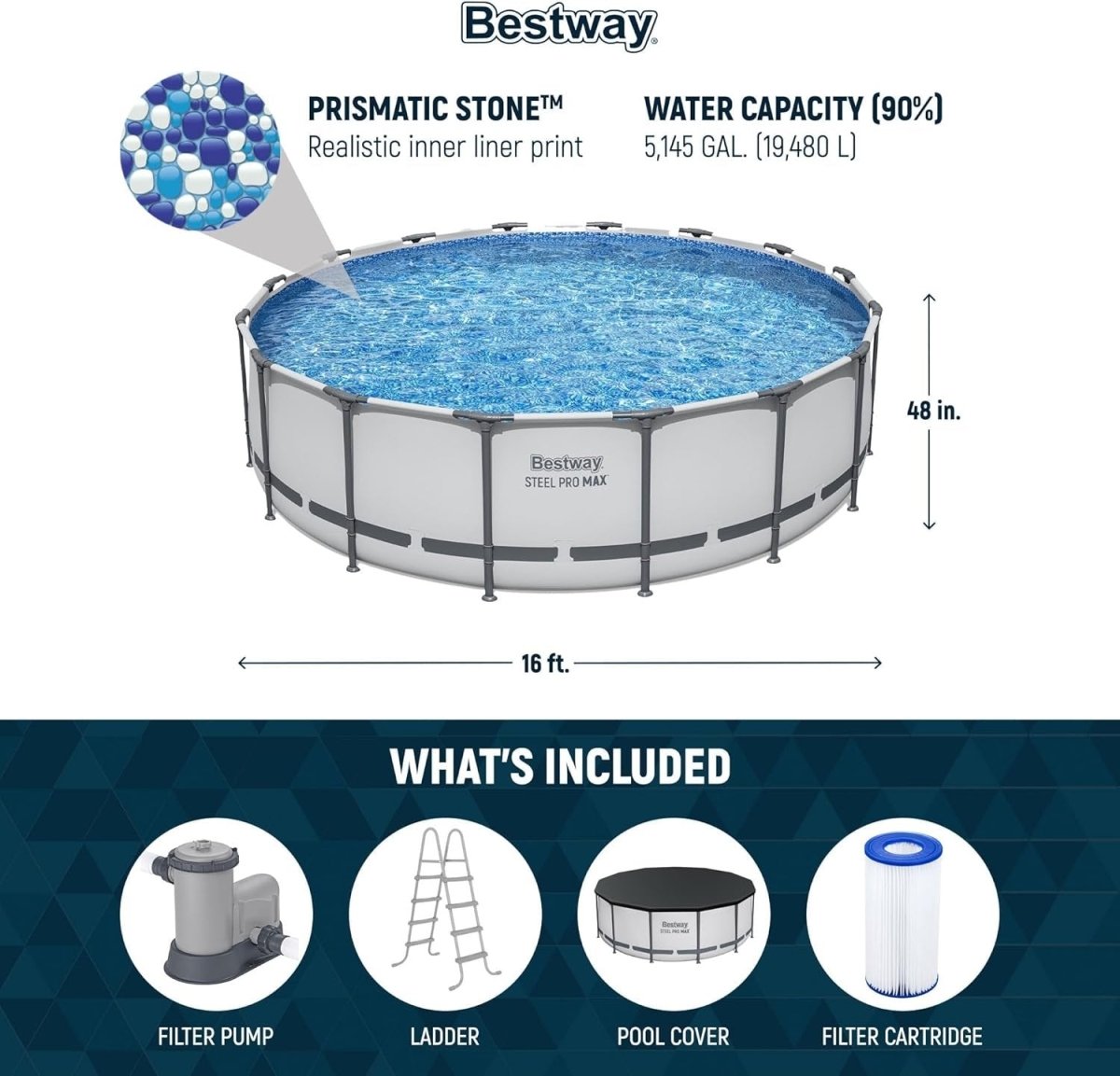 Bestway Steel Pro MAX 16 Foot x 48 Inch Round Metal Frame Above Ground Outdoor Swimming Pool Set - Ezonesglobal - Buy at Wine Coolers Online
