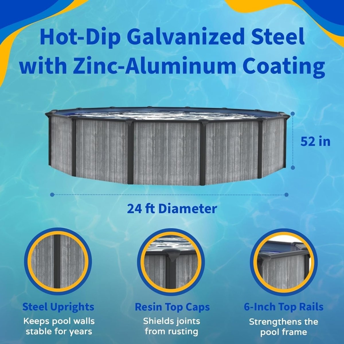 Blue Wave San Pedro 24 - ft Round 52 - in Deep 6 - in Top Rail Above Ground Steel Wall Swimming Pool - Ezonesglobal - Buy at Wine Coolers Online