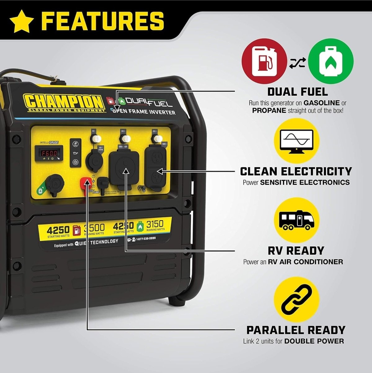 Champion 4250 - Watt Dual Fuel RV Ready Open Frame Inverter Generator - Ezonesglobal - Buy at Wine Coolers Online