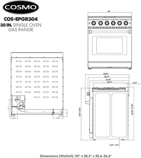 Cosmo 30 in. 4.5 Cu. Ft. Gas Range with 5 Sealed Burners, Convection Oven, - Ezonesglobal - Buy at Wine Coolers Online
