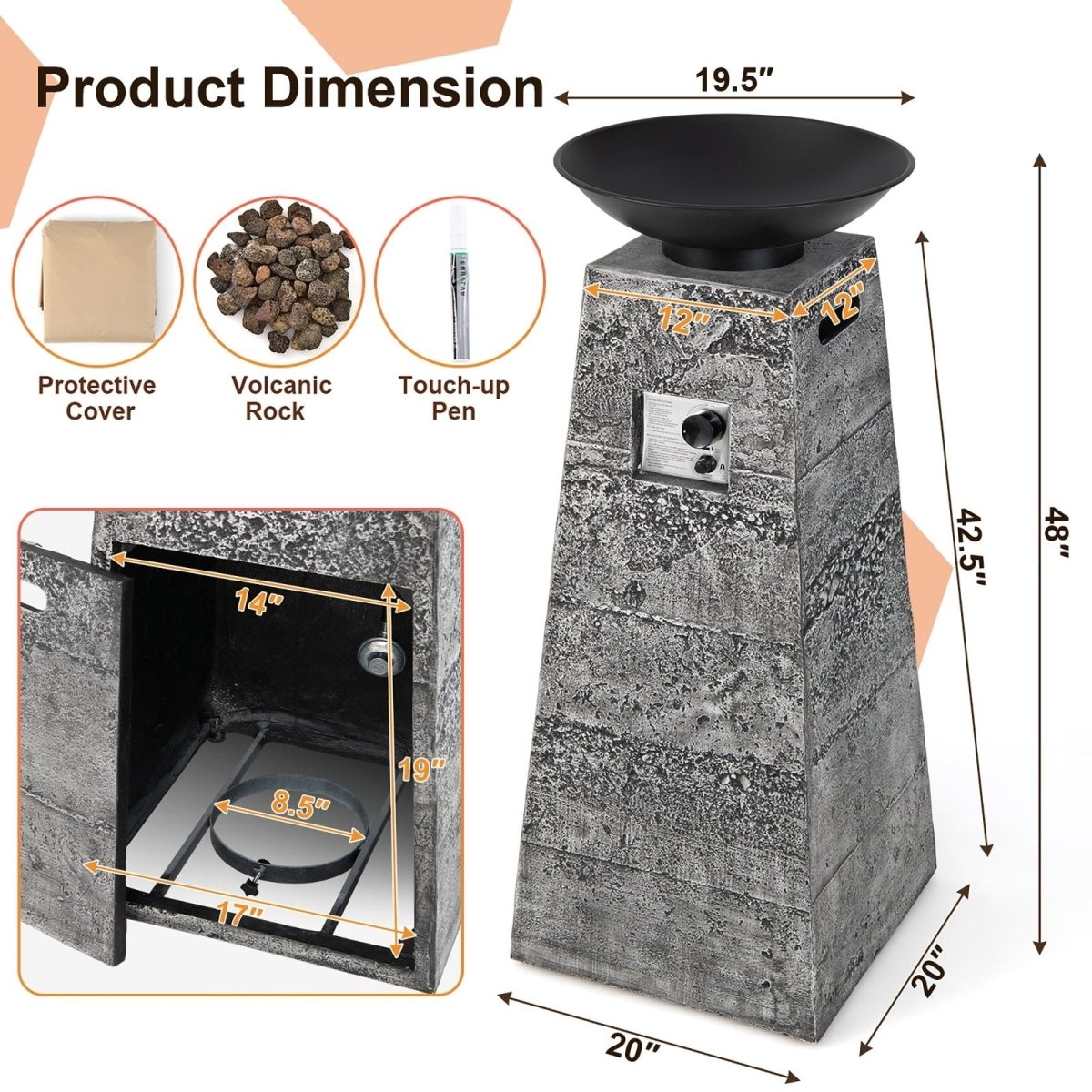 Costway 48 Inch Propane Fire Bowl Column with Lava Rocks and PVC Cover - Ezonesglobal - Buy at Wine Coolers Online