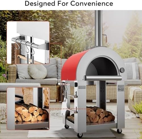 Empava Pizza Oven with Open Shelf and Wheels for Outdoor Kitchen, Wood Fire for Grill & Camping Backyard Party in Stainless Steel, 38.6 Inch, Italian Red - Ezonesglobal - Buy at Wine Coolers Online