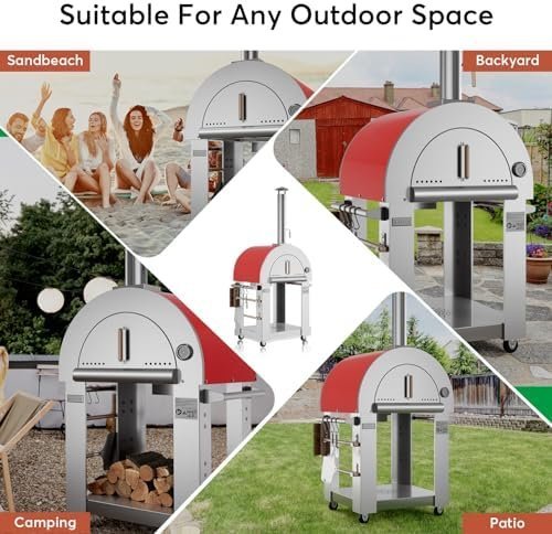 Empava Pizza Oven with Open Shelf and Wheels for Outdoor Kitchen, Wood Fire for Grill & Camping Backyard Party in Stainless Steel, 38.6 Inch, Italian Red - Ezonesglobal - Buy at Wine Coolers Online
