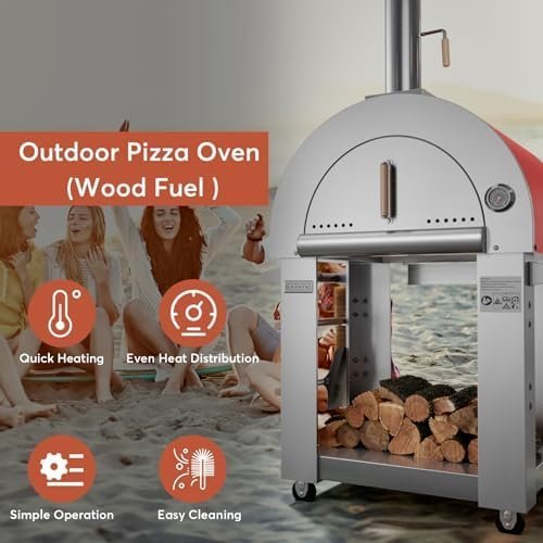 Empava Pizza Oven with Open Shelf and Wheels for Outdoor Kitchen, Wood Fire for Grill & Camping Backyard Party in Stainless Steel, 38.6 Inch, Italian Red - Ezonesglobal - Buy at Wine Coolers Online