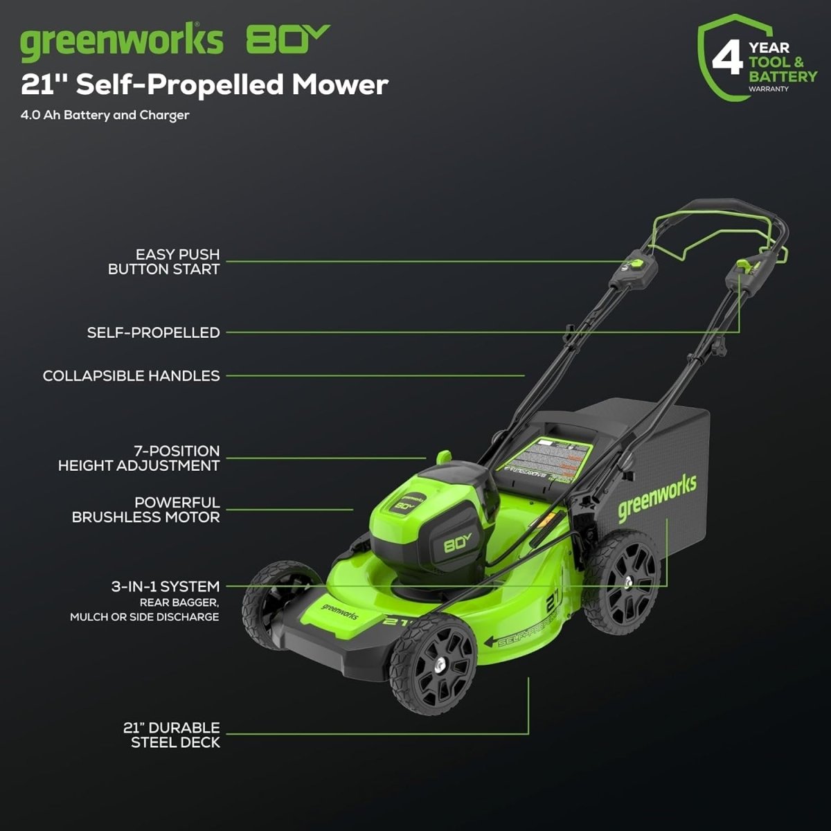 Greenworks 80V 21″ Cordless Self - Propelled Lawn Mower - Ezonesglobal - Buy at Wine Coolers Online