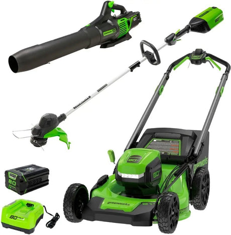 Greenworks 80V 21” Lawn Mower, 13” String Trimmer, and 730 Leaf Blower - Ezonesglobal - Buy at Wine Coolers Online