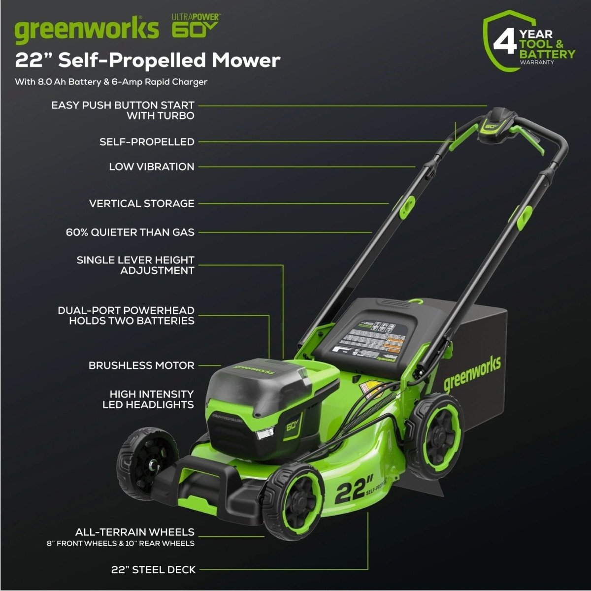 Greenworks Pro 60V 22″ Cordless Self - Propelled Push Lawn Mower - Ezonesglobal - Buy at Wine Coolers Online