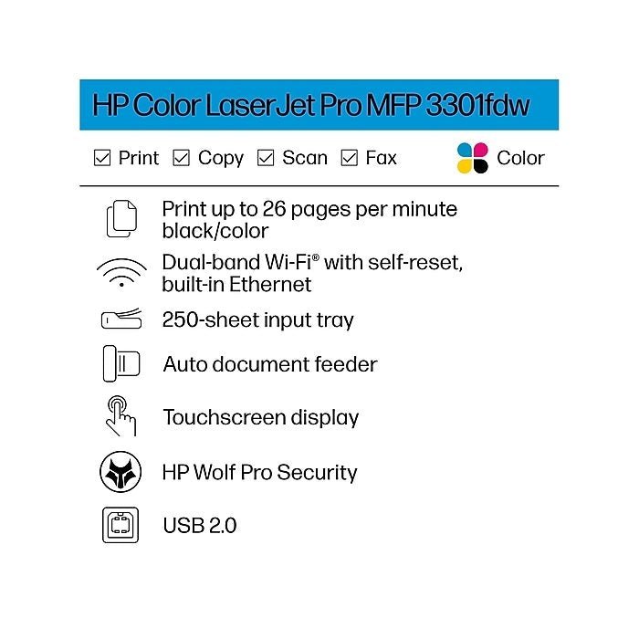 HP Color LaserJet Pro MFP 3301fdw | Color | Print, copy, scan, fax | Wireless | 499Q5FBGJ - Ezonesglobal - Buy at Wine Coolers Online
