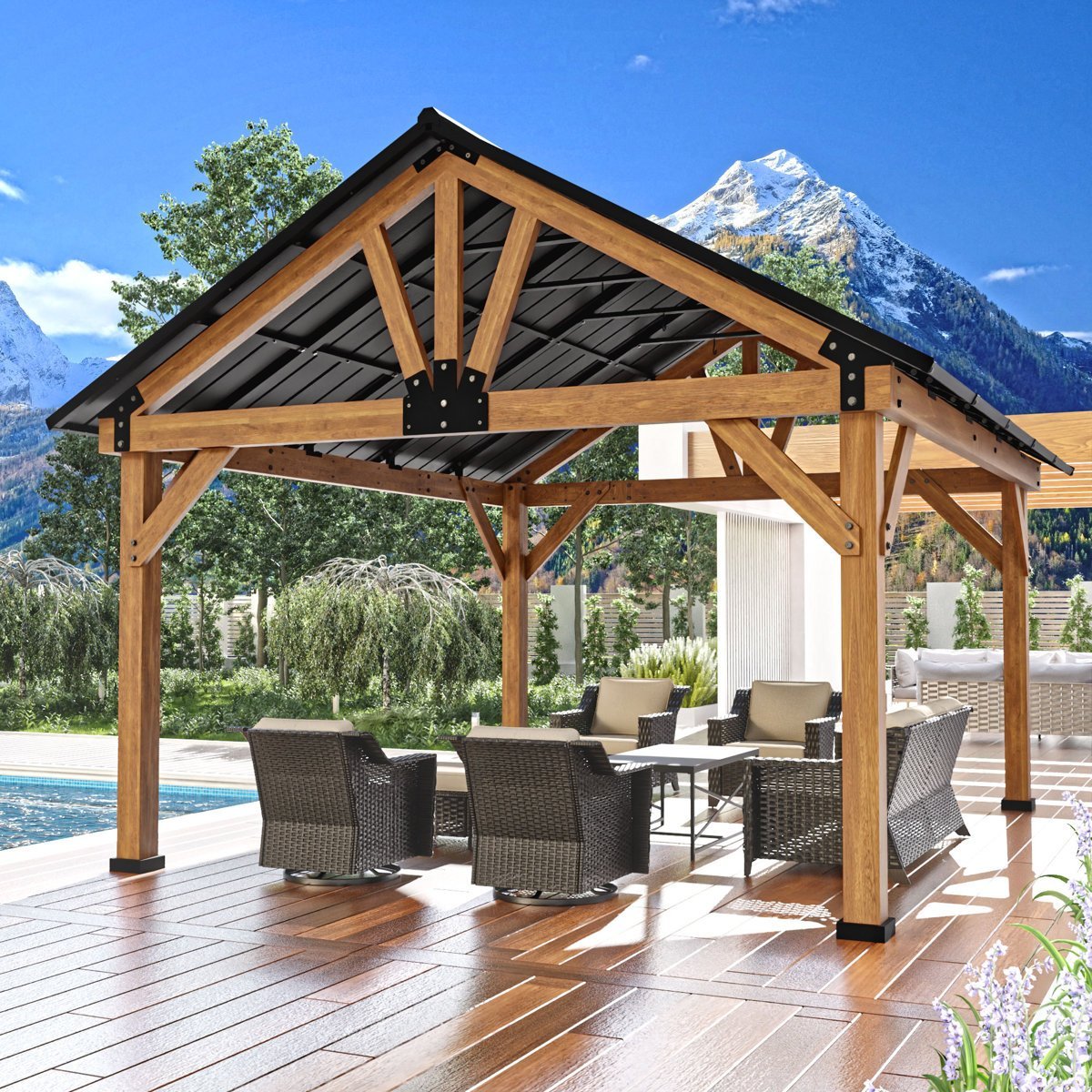 JOYSIDE 15 ft. x 13 ft. Solid Cedar Wood Outdoor Patio Hardtop Gazebo - Ezonesglobal - Buy at Wine Coolers Online