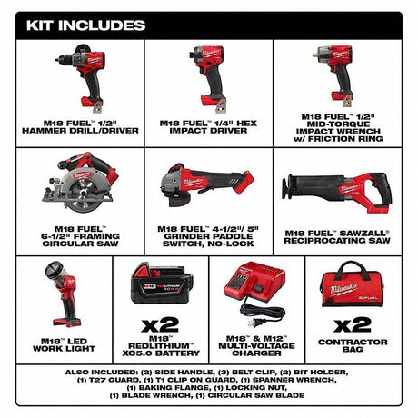 MILWAUKEE Cordless Tool Combination Kit: 7 Tools, 18 V DC Volt, Battery Included, M18 FUEL™, M18™ - Ezonesglobal - Buy at Wine Coolers Online
