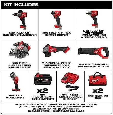 Milwaukee M18 FUEL 18V Lithium - Ion Brushless Cordless Combo Kit with Two 5.0 Ah Batteries, 1 Charger, 2 Tool Bags (7 - Tool) - Ezonesglobal - Buy at Wine Coolers Online