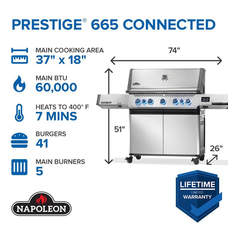 Napoleon Prestige 665 Connected, Gas Grill with Infrared Side and Rear Burner - Ezonesglobal - Buy at Wine Coolers Online