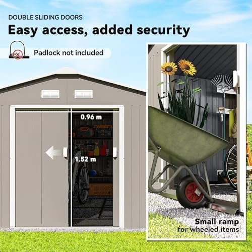 Outsunny 11′ x 13′ Outdoor Storage Shed, Garden Tool Metal Shed with Foundation Kit, Double Lockable Door, Air Vents and Sloping Roof, for Backyard, Patio, Lawn, Light Gray - Ezonesglobal - Buy at Wine Coolers Online