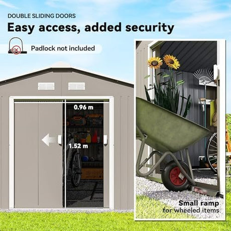 Outsunny 11′ x 13′ Outdoor Storage Shed, Garden Tool Metal Shed with Foundation Kit, Double Lockable Door, Air Vents and Sloping Roof, for Backyard, Patio, Lawn, Light Gray - Ezonesglobal - Buy at Wine Coolers Online