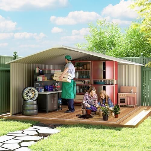 Outsunny 11′ x 13′ Outdoor Storage Shed, Garden Tool Metal Shed with Foundation Kit, Double Lockable Door, Air Vents and Sloping Roof, for Backyard, Patio, Lawn, Light Gray - Ezonesglobal - Buy at Wine Coolers Online