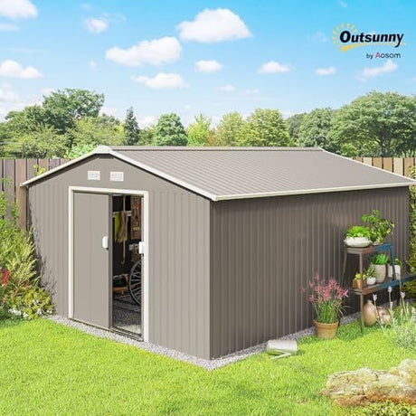 Outsunny 11′ x 13′ Outdoor Storage Shed, Garden Tool Metal Shed with Foundation Kit, Double Lockable Door, Air Vents and Sloping Roof, for Backyard, Patio, Lawn, Light Gray - Ezonesglobal - Buy at Wine Coolers Online