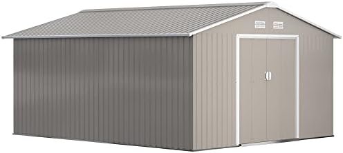Outsunny 11′ x 13′ Outdoor Storage Shed, Garden Tool Metal Shed with Foundation Kit, Double Lockable Door, Air Vents and Sloping Roof, for Backyard, Patio, Lawn, Light Gray - Ezonesglobal - Buy at Wine Coolers Online