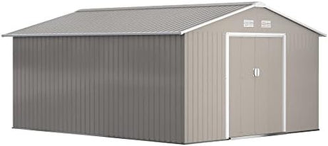 Outsunny 11′ x 13′ Outdoor Storage Shed, Garden Tool Metal Shed with Foundation Kit, Double Lockable Door, Air Vents and Sloping Roof, for Backyard, Patio, Lawn, Light Gray - Ezonesglobal - Buy at Wine Coolers Online