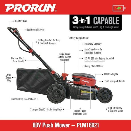 PRORUN 60V 21 - In. Steel Deck Cordless Push Lawn Mower with 2.5 Ah Battery and Charger - Ezonesglobal - Buy at Wine Coolers Online