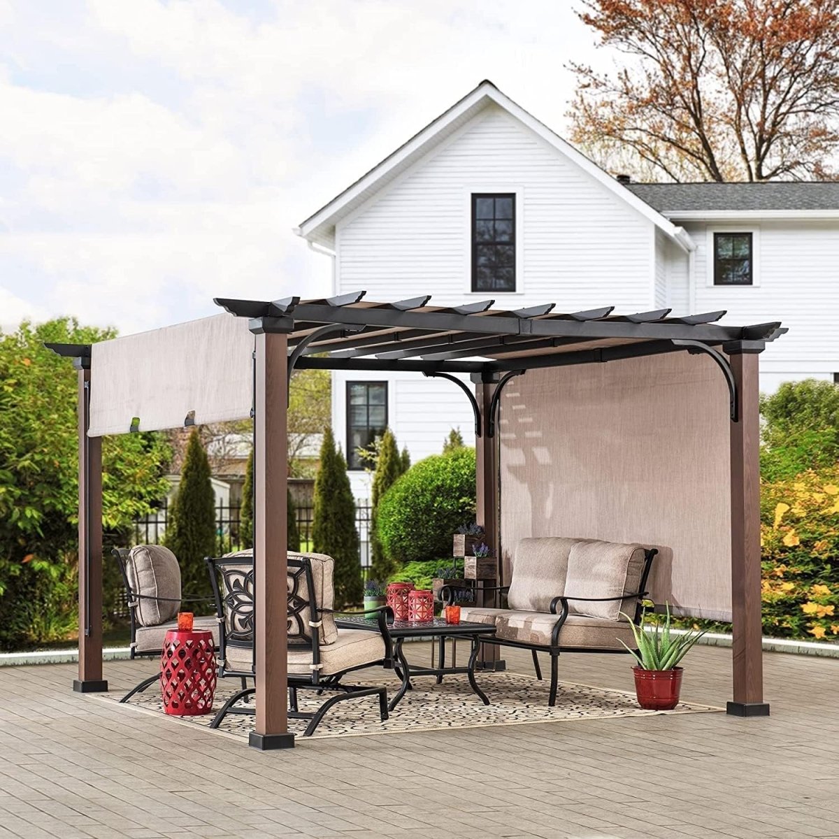 Sunjoy 11 x 11 ft Metal Pergola with Adjustable Tan Garden Shade - Ezonesglobal - Buy at Wine Coolers Online