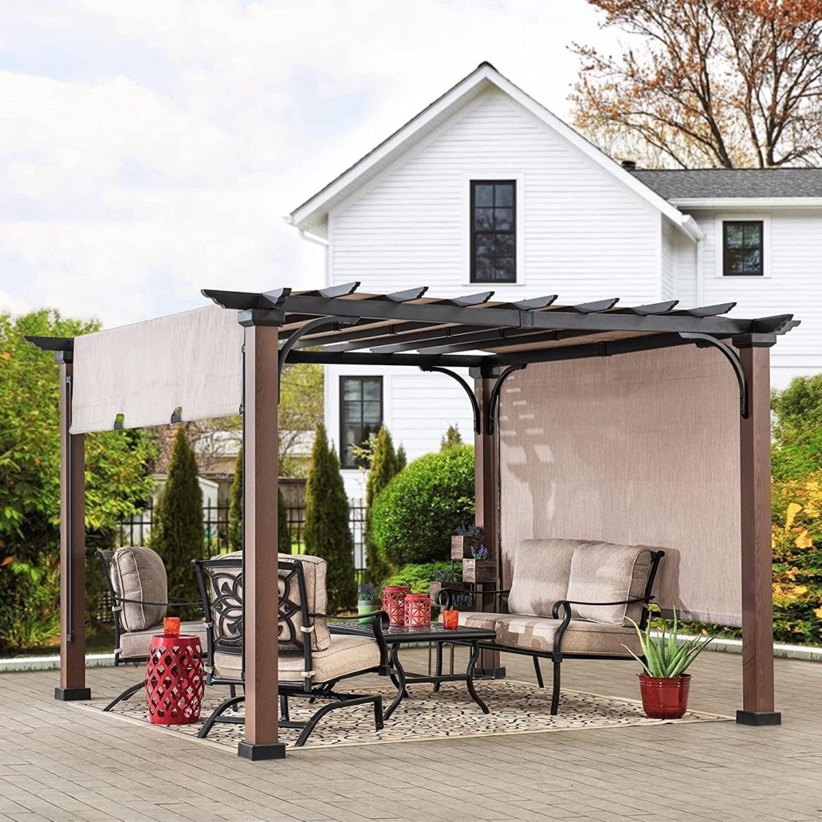 Sunjoy 11 x 11 ft Metal Pergola with Adjustable Tan Garden Shade - Ezonesglobal - Buy at Wine Coolers Online