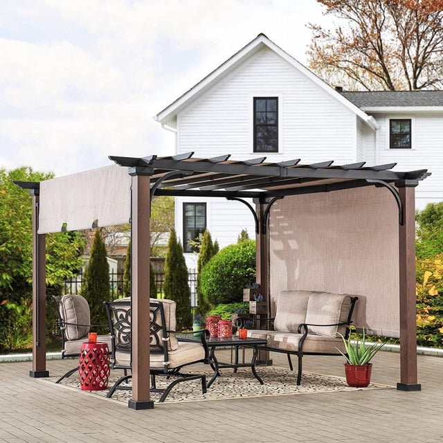 Sunjoy 11 x 11 ft Metal Pergola with Adjustable Tan Garden Shade - Ezonesglobal - Buy at Wine Coolers Online